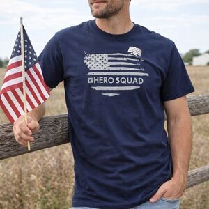 Hero Squad Navy Patriotic American Flag Graphic T-Shirt M Americana 4th Of July